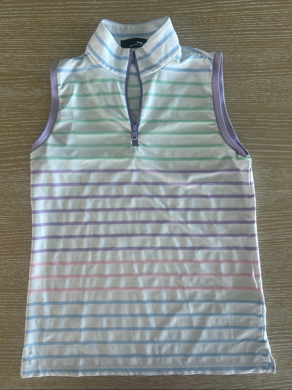 RLX Ralph Lauren Womens Sleeveless Golf Polo Quarter Zip Pastel Stripe Top Small